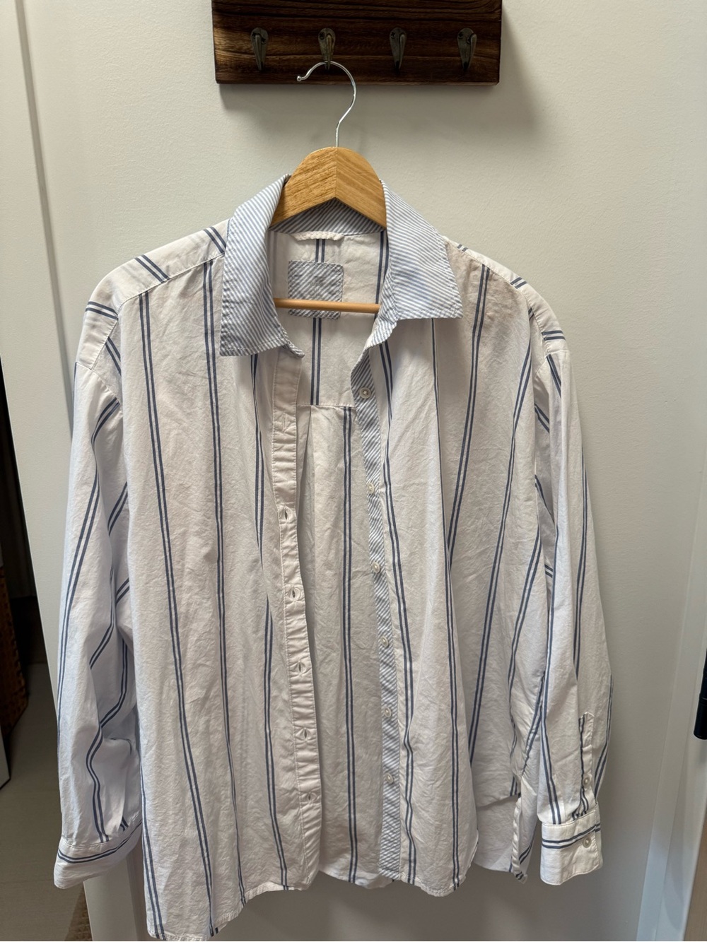 aerie White Button-Down Shirt with Blue Stripes